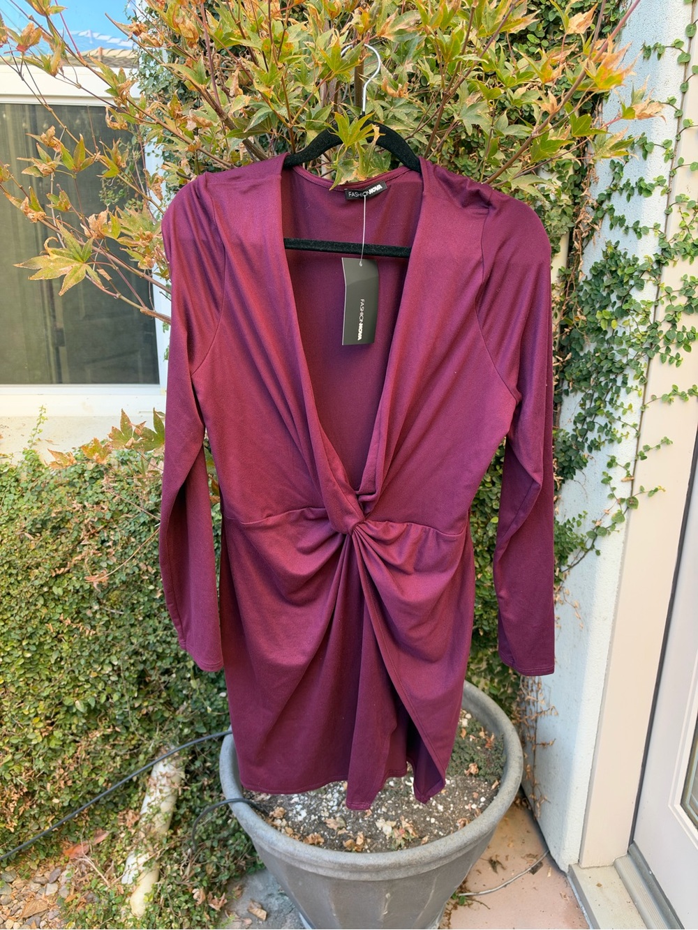 Fashion Nova Plum Twist-Front Long Sleeve Dress